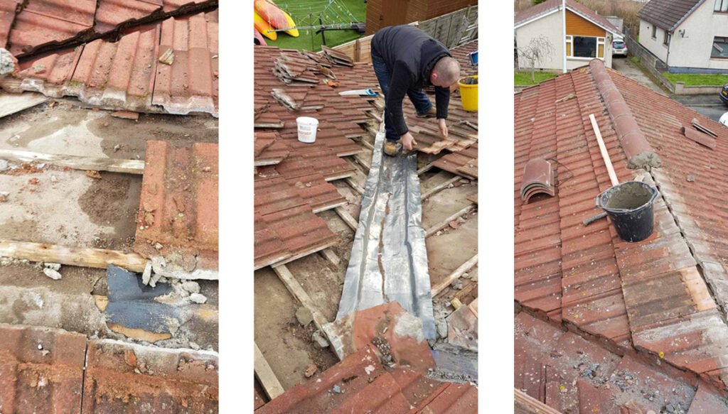 Man working on roof repairs on tiled roof