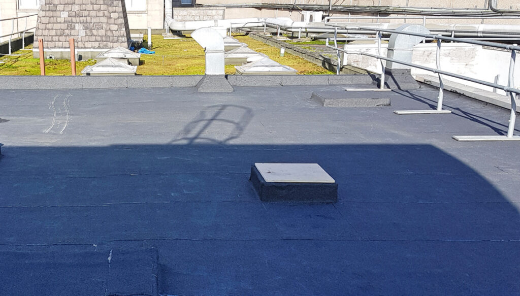 Hospital building flat roof - showing older section with moss