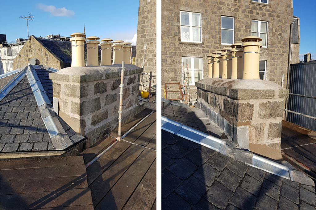 Newly pointed chimney stack and new chimney pots on granite building in Aberdeen